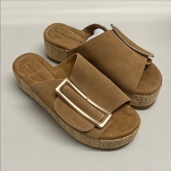 Kelsi Dagger Shoes - Kelsi Dagger Brown Suede Mules with Gold Buckle